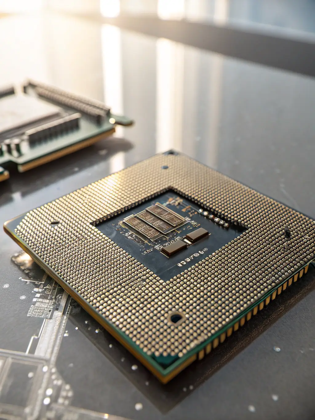 A close-up shot of a high-performance server CPU with intricate details visible, showcasing the power and technology behind KCS Ottawa's hardware solutions.