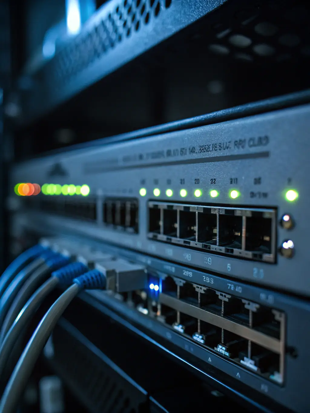 A network switch with multiple ports and blinking LEDs, symbolizing KCS Ottawa's expertise in providing reliable and high-speed networking solutions for businesses.