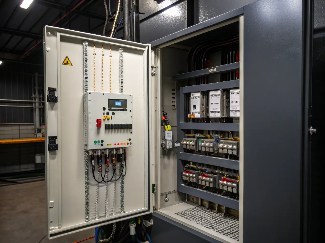 A detailed shot of a VFD unit installed in a commercial HVAC system, showcasing its compact design and integration with existing equipment. The setting is a clean, modern mechanical room.