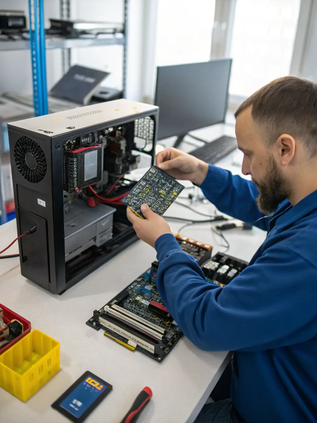 A technician installing a graphics card into a computer, highlighting KCS Ottawa's expertise in providing and installing high-performance graphics solutions for specialized applications.